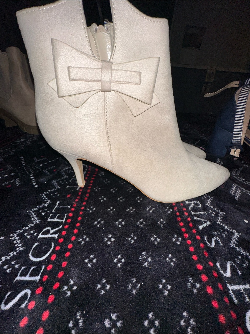Cream Bow-Accent Ankle Booties with Kitten Heel